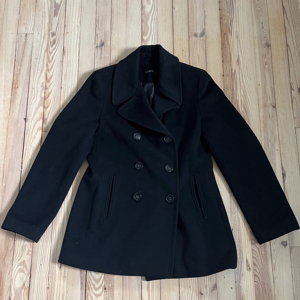 Calvin Klein Pea Coat Womens Size 10 Black Wool Blend Double Breasted Jacket
